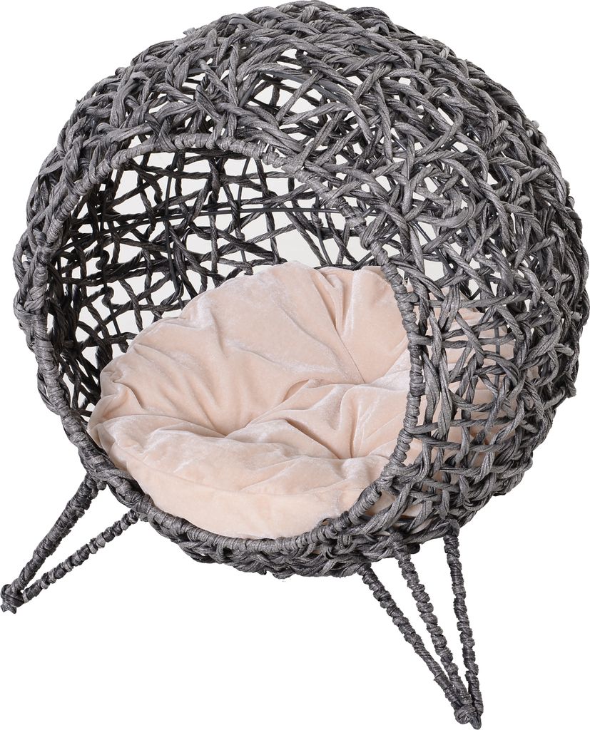PawHut Katzenhaus aus Rattan mit Kissen Katzenschlafplatz Katzenhöhle mit erhöhten Füßen Silbergrau Ø52 x 58 cm