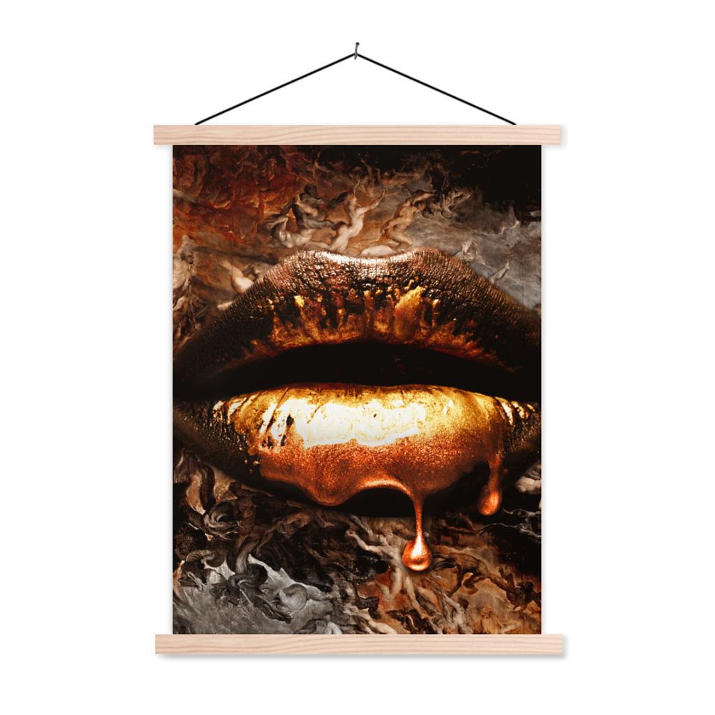 MuchoWow Textilposter Gold - Lippen - Kunst - Gold - Luxus - Abstrakt 120x160 cm mit holzfarbenen Rahmen - Plakatkarton