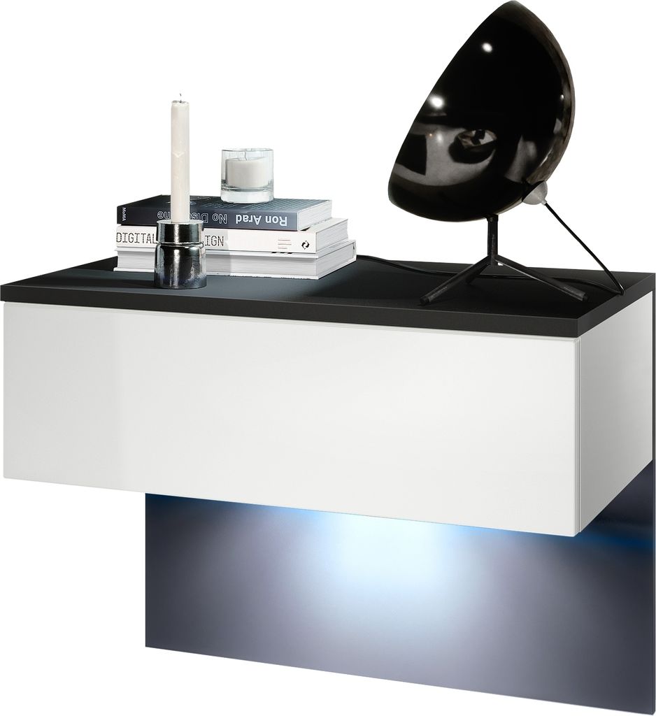 Vladon Nachttisch Sleep, Germany, Nachttischschrank mit Schublade zur Wandmontage, Schwarz matt/Weiß matt, inkl. LED-Beleuchtung (60 x 46 x 35 cm)