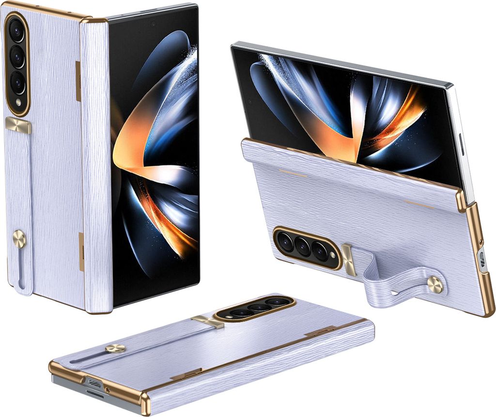 Handyhülle für Samsung Galaxy Z Fold 4 5G Lederhülle mit Handschlaufe, Ständer, Scharnierschutz Lila
