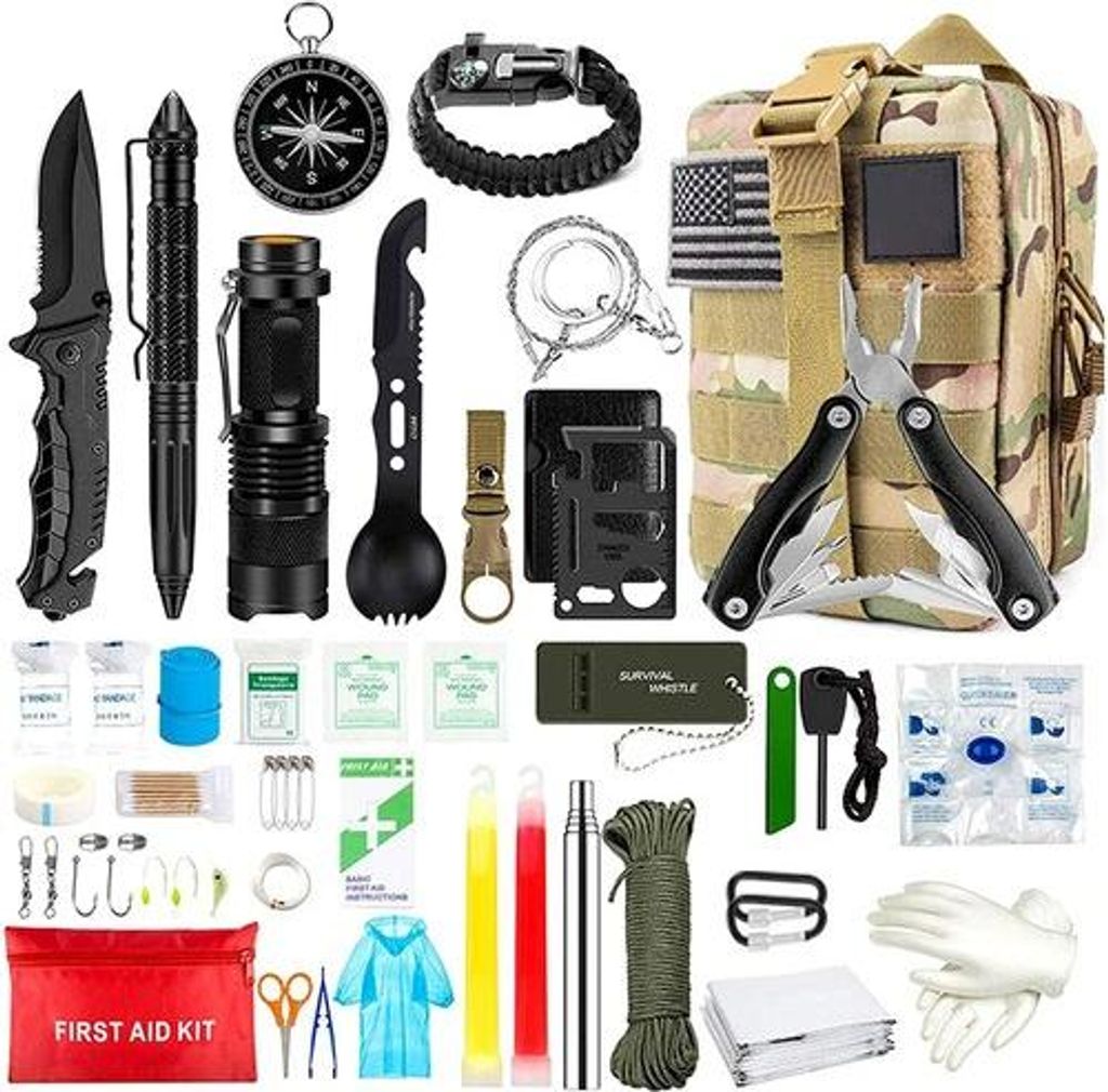33 Stück Outdoor Notfall Survival Kit, Außen Ausrüstung Multitool für Reiseabenteuer Wandern/Camping/Jagen/Abenteuer,Braun