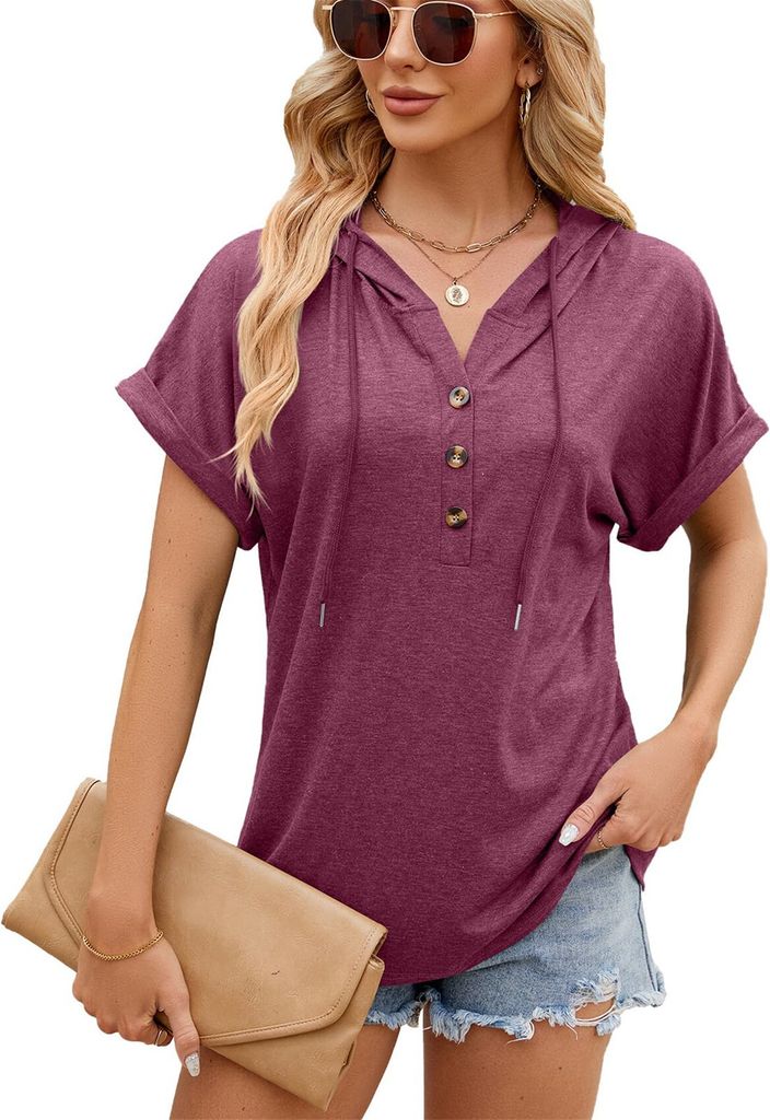 ASKSA Damen Hoodie T-Shirt Knopfleiste V-Ausschnitt Sommer Kurzarm Kapuzenshirt Casual Lose Shirts Kapuzenpullover Tee Oberteile (Weinrot,XXL)