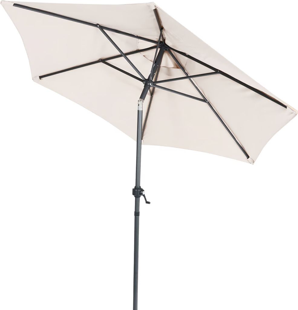 A rectangular patio umbrella, tilted slightly, against a white background.