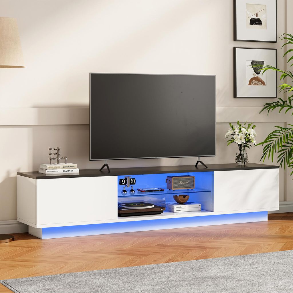 Fortuna Lai TV-Schrank mit LED-Beleuchtung, modernes TV-Board mit 2 Türen, TV-Ständer mit App-Steuerung, für bis zu 70-79 Zoll, Weiß