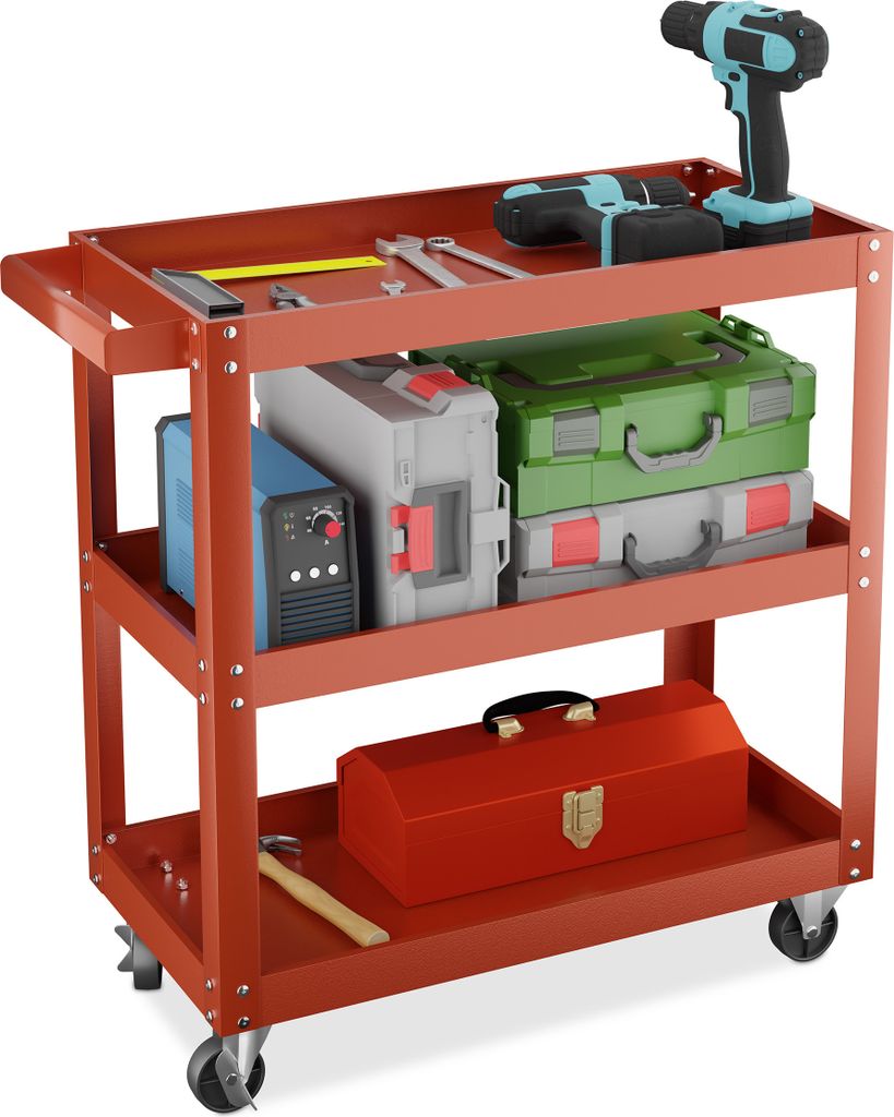 Relaxdays Werkstattwagen, Werkzeugwagen mit 3 Ebenen, mobiler Montagewagen, bis 100 kg belastbar, HBT: 76x78x35 cm, rot
