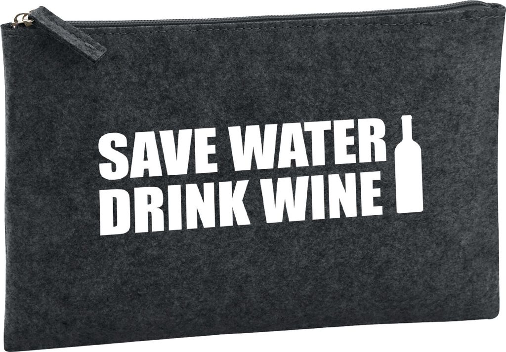 Huuraa Kulturbeutel Save Water Drink Wine Weinflasche 1 Liter Charcoal Filz Kosmetiktasche Geschenkidee