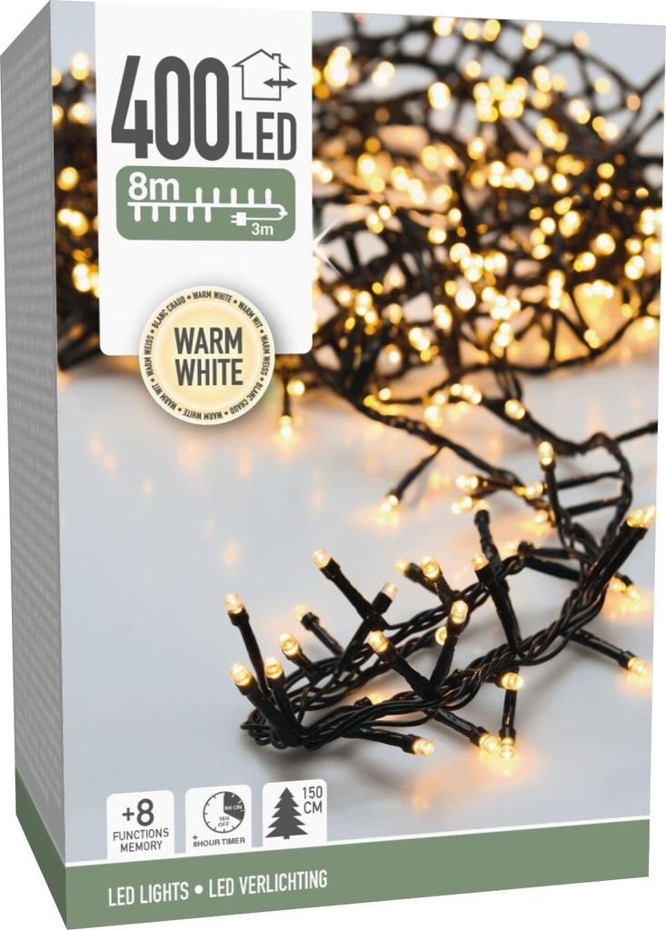 LED-Clusterlichterkette warmweiß, 400 LEDs, Grünes Kabel, Innen/Außen, 11m