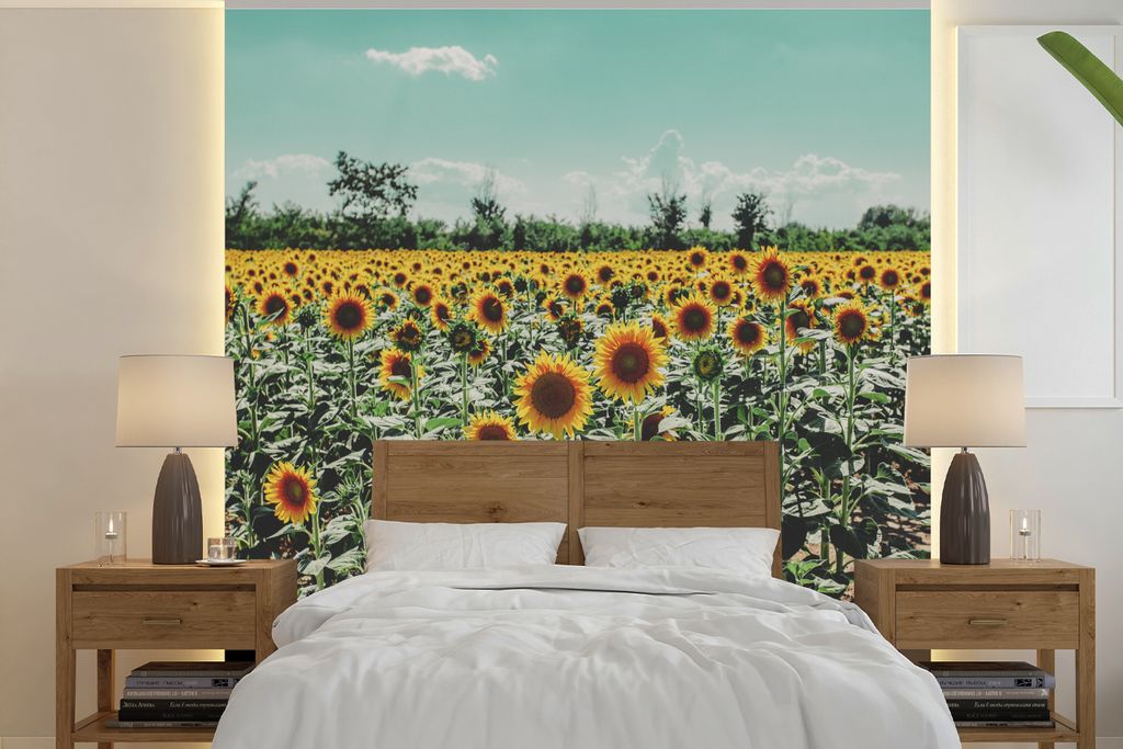 MuchoWow Fototapete für Wohnzimmer oder Schlafzimmer Wandtapete Vinyl Motivtapete Blumen - Sonnenblumen - Italien - 300x300 cm - Wanddekoration