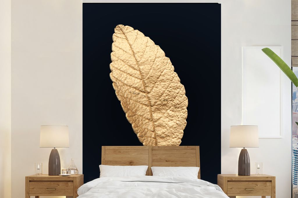 MuchoWow Fototapete für Wohnzimmer oder Schlafzimmer Wandtapete Vinyl Motivtapete Schwarz und Gold - Blätter - Schwarz - Pflanzen - Luxus - 170...