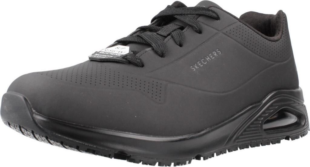 A black Skechers sneaker is shown from a side angle against a white background.