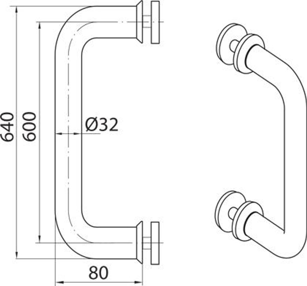 Einseitiger Rundgriff B-Harko Ø 32x600 mit Befestigungselementen, Edelstahl matt