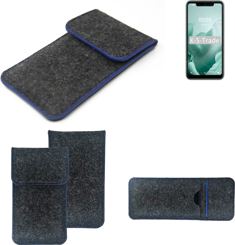 K-S-Trade Handy-Hülle Schutz-Hülle kompatibel mit Oukitel C22 Filztasche Pouch Tasche Case Sleeve Filzhülle dunkelgrau, blauer Rand