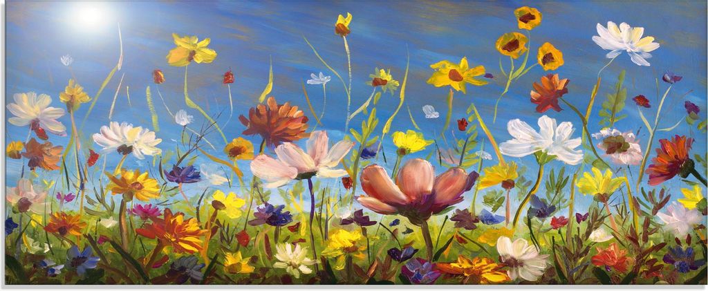 ARTland Glasbild Wildblumenwiese blauer Himmel Größe: 125x50 cm