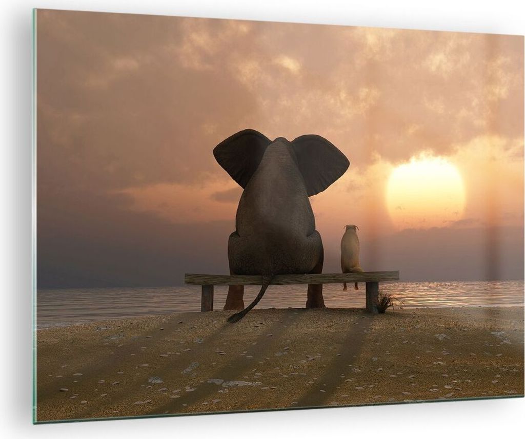 Bilder auf glas - Elefant Ufer Meer - 70x50cm - Glasbilder - Wandbilder - Kunstdruck - zum Aufhängen bereit - Wanddekoration aus Glas - Glas Bilde...