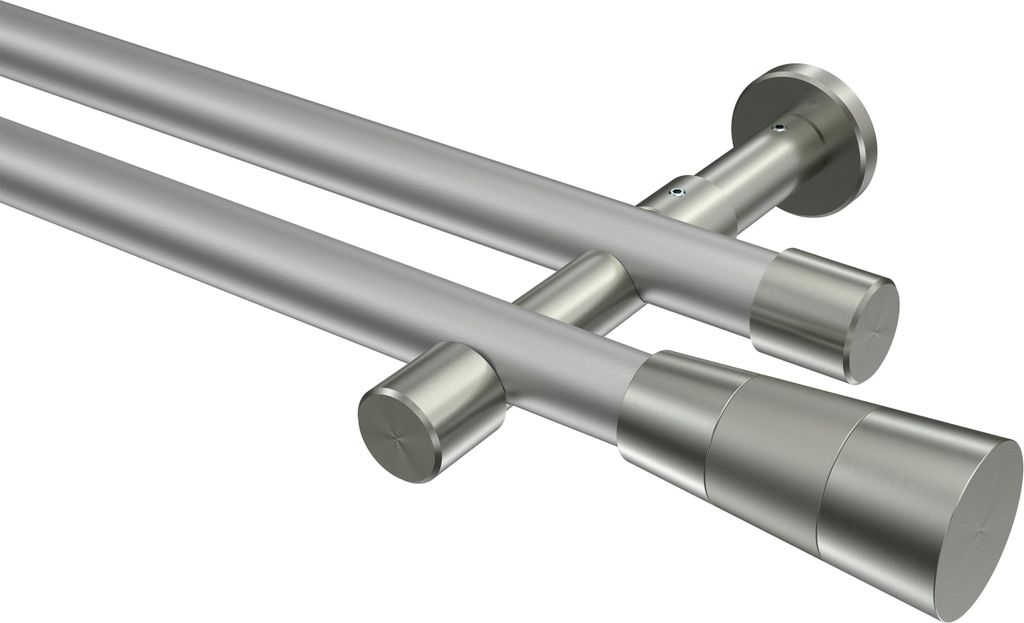 Interdeco Gardinenstange / Vorhangstange Silbergrau / Edelstahl-Optik, Typ Prestige Tanara (Konus) ohne Ringe, 20 mm Ø 2-läufig, 320 cm