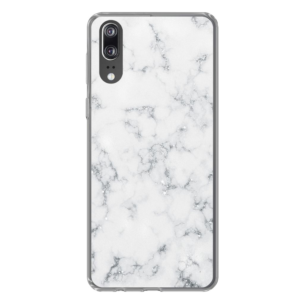 MuchoWow Handyhülle Schutzhülle Hülle für Huawei P20 Marmor - Weiß - Silber - Glitter - Marmoroptik - Chic Silikon Softcase Handy Hülle - H...