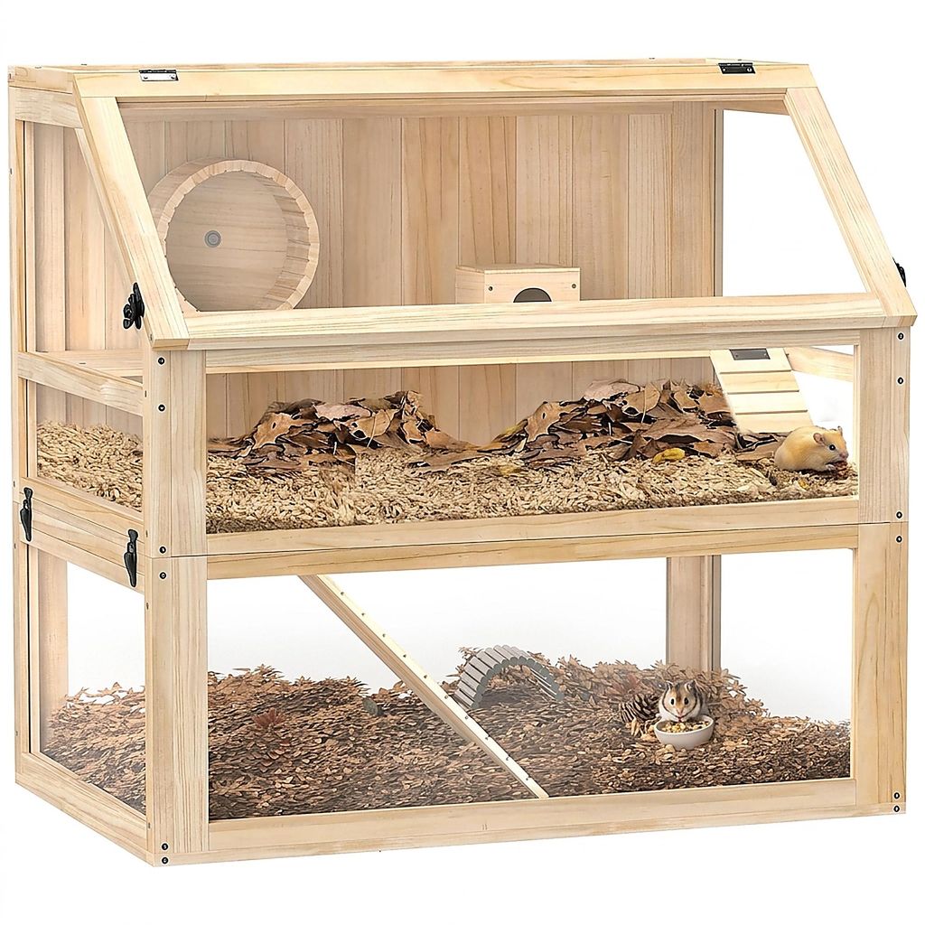Hamsterkäfig aus Holz 3 Etagen Nagarium Nagerkäfig mit klappbarem Deckel Laufrad – 80 x 50 x 76 cm Naturholz
