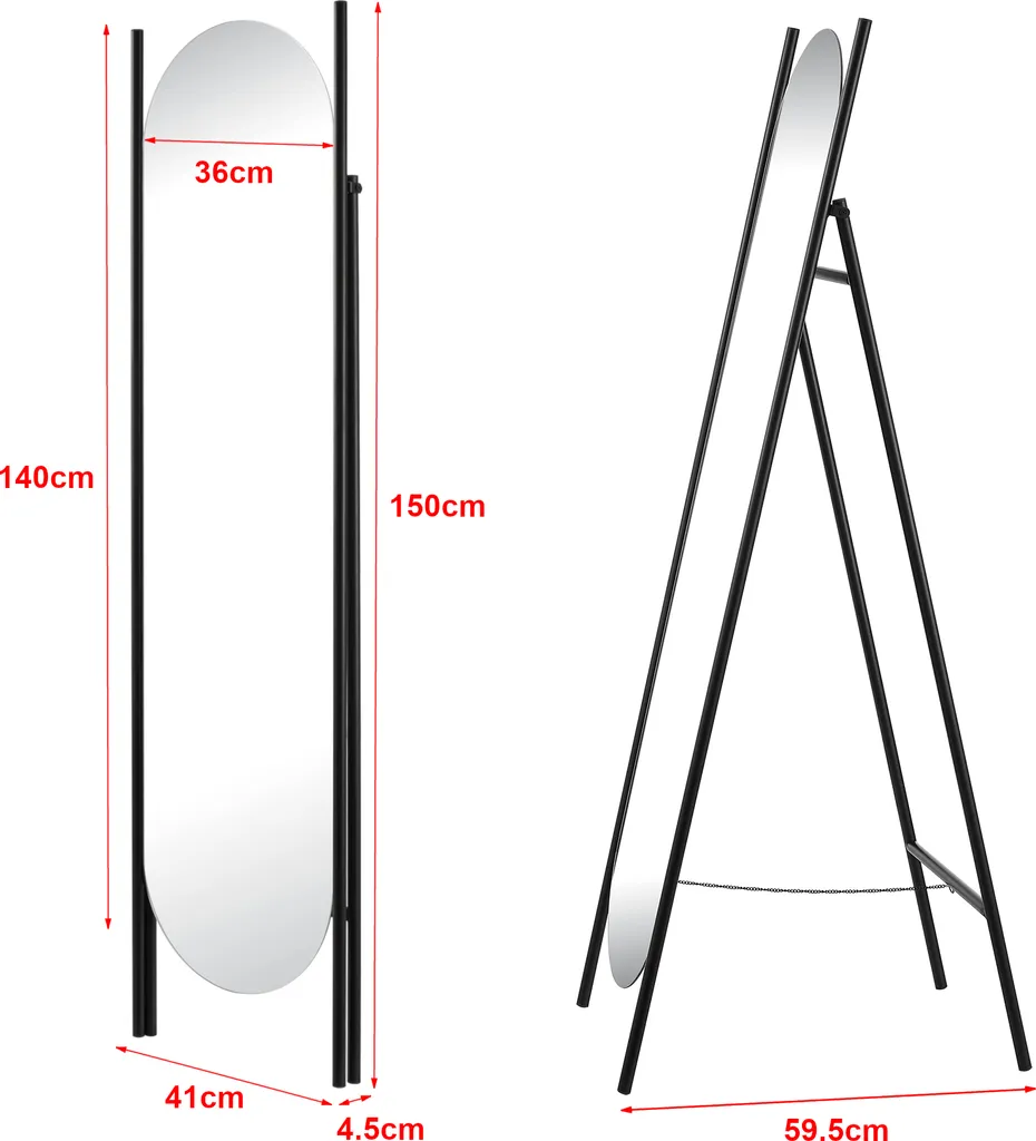 Miroir Fardella 140 x 36 cm avec pied stable et design minimaliste