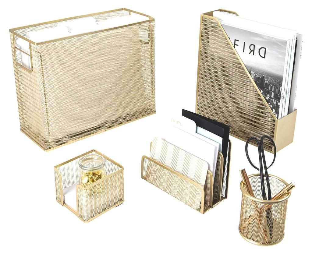 5-teiliges Schreibtisch-Organizer-Set in Gold - Zeitschriftenhalter, Stiftschale, Haftnotizenhalter, Briefsortierer - Schreibtischzubehör in Gold