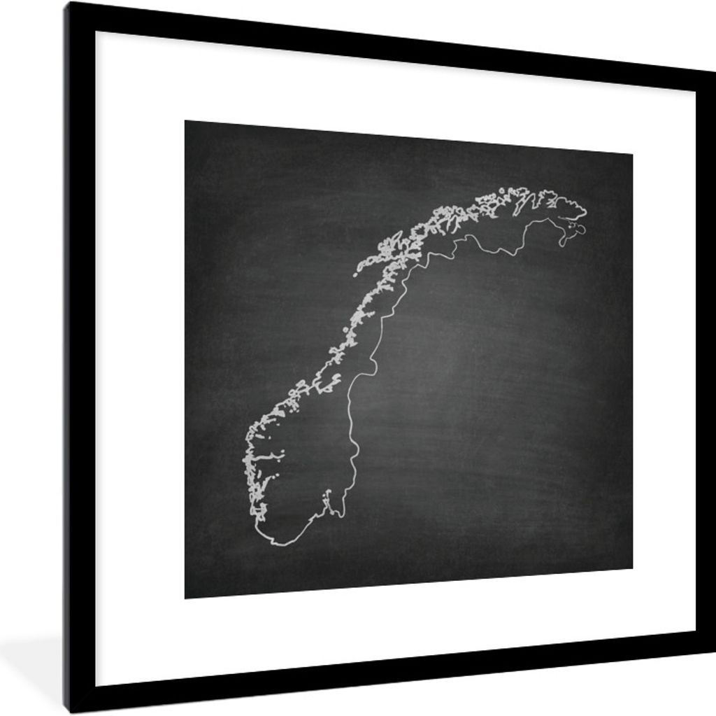 MuchoWow Gerahmtes Poster Illustration von Norwegen in schwarz und weiß auf einer Kreidetafel 40x40 cm - Poster mit Schwarzem Bilderrahmen Wandp...