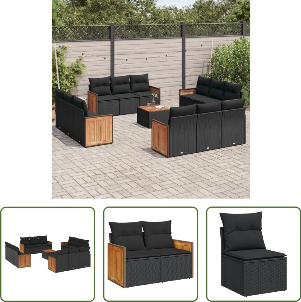 The Living Store 13-tlg. Garten-Sofagarnitur mit Kissen Schwarz Poly Rattan