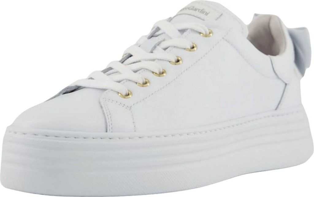 A white leather sneaker with a light blue bow on the heel, shown from a side-angle on a white background.