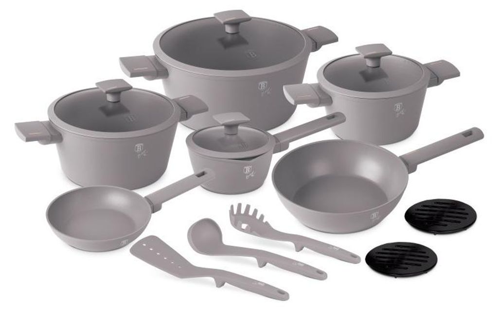 A set of gray cookware and utensils arranged on a white background.