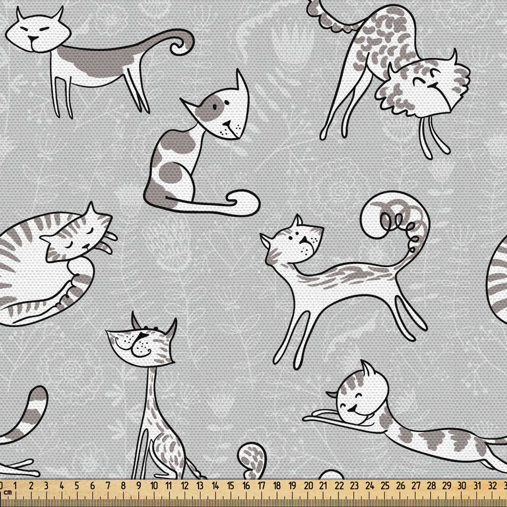 ABAKUHAUS Grau Gewebe als Meterware, Pariser stil Lustige Katzen Abbildung Minimalistischer Cartoon typ Druck, 1 M (148 x 100 cm), Weiß