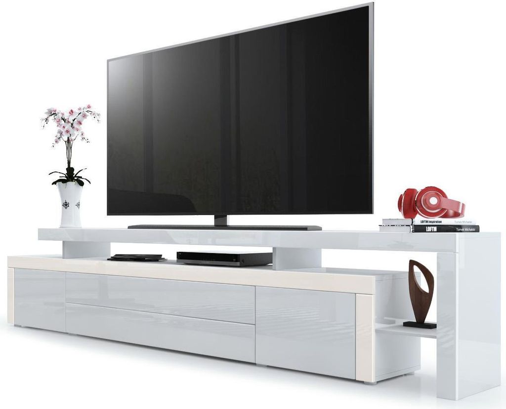 Vladon TV Board Lowboard Leon V3, Germany, Korpus und Überbau in Weiß Hochglanz / Front in Weiß Hochglanz mit Rahmen in Creme Hochglanz (227 x 5...
