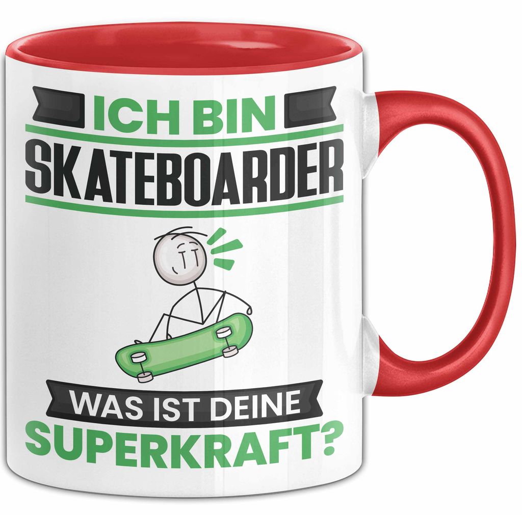 Skateboarder Tasse Geschenk für Skateboarder Geburtstag Lustiger Spruch Kaffee-Becher Was Ist Deine Superkraft (Rot)