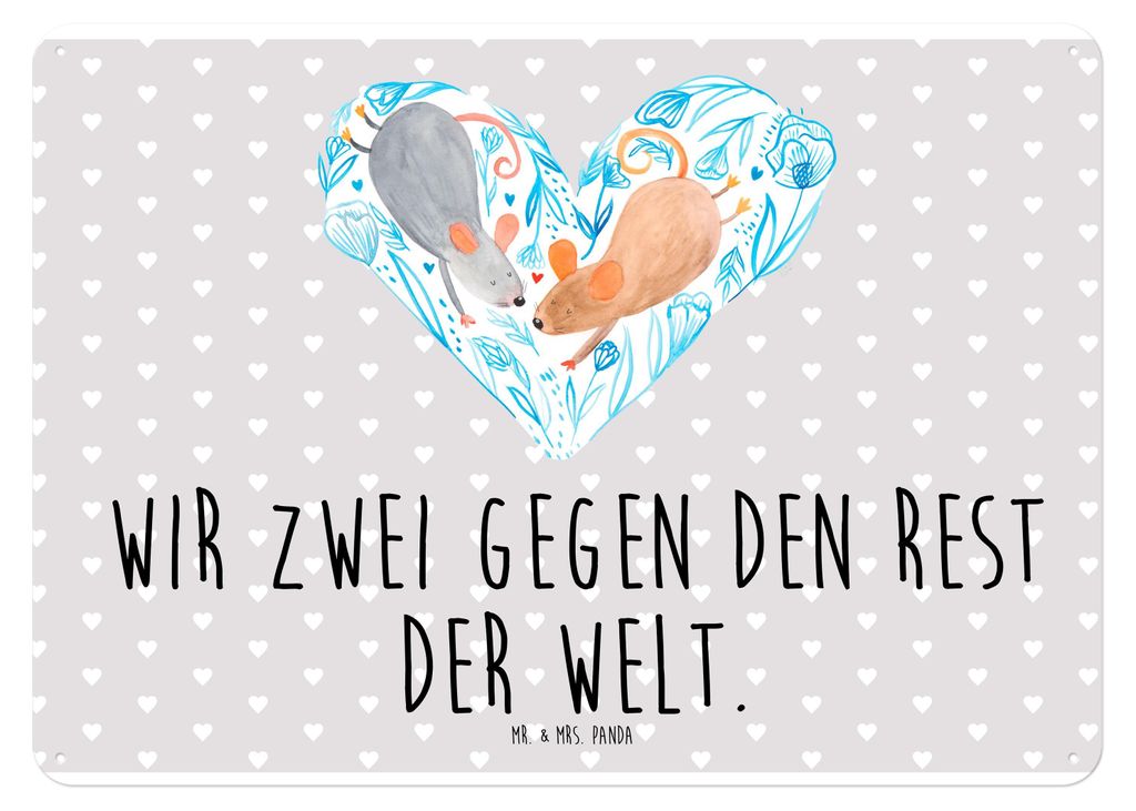 Mr. & Mrs. Panda Retro Blechschild Mäuse Herz DIN A4 - Grau Pastell - Geschenk, Verheiratet, Magnetschild, Hochzeit, Schild, Freundin, Türschild,...