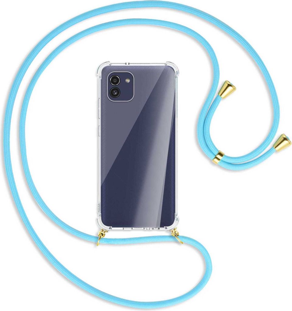 Handykette Backcover-Schutzhülle mit Band (Metall goldfarben) für Samsung Galaxy A03 4G - himmelblau