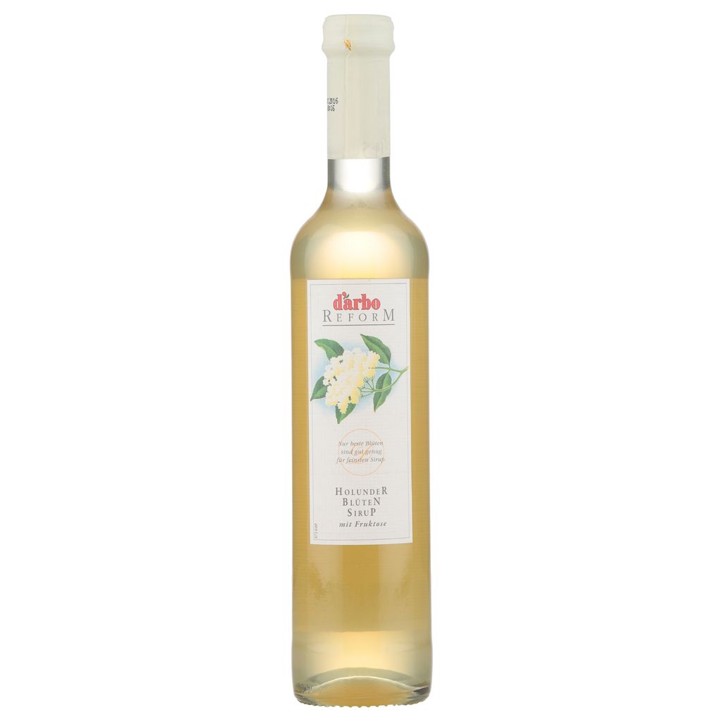 A bottle of Darbo Holunderblüten Sirup on a white background.