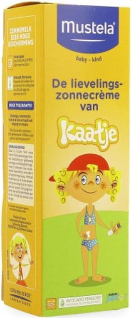 A cartoon illustration of a child on a product box for sunscreen.