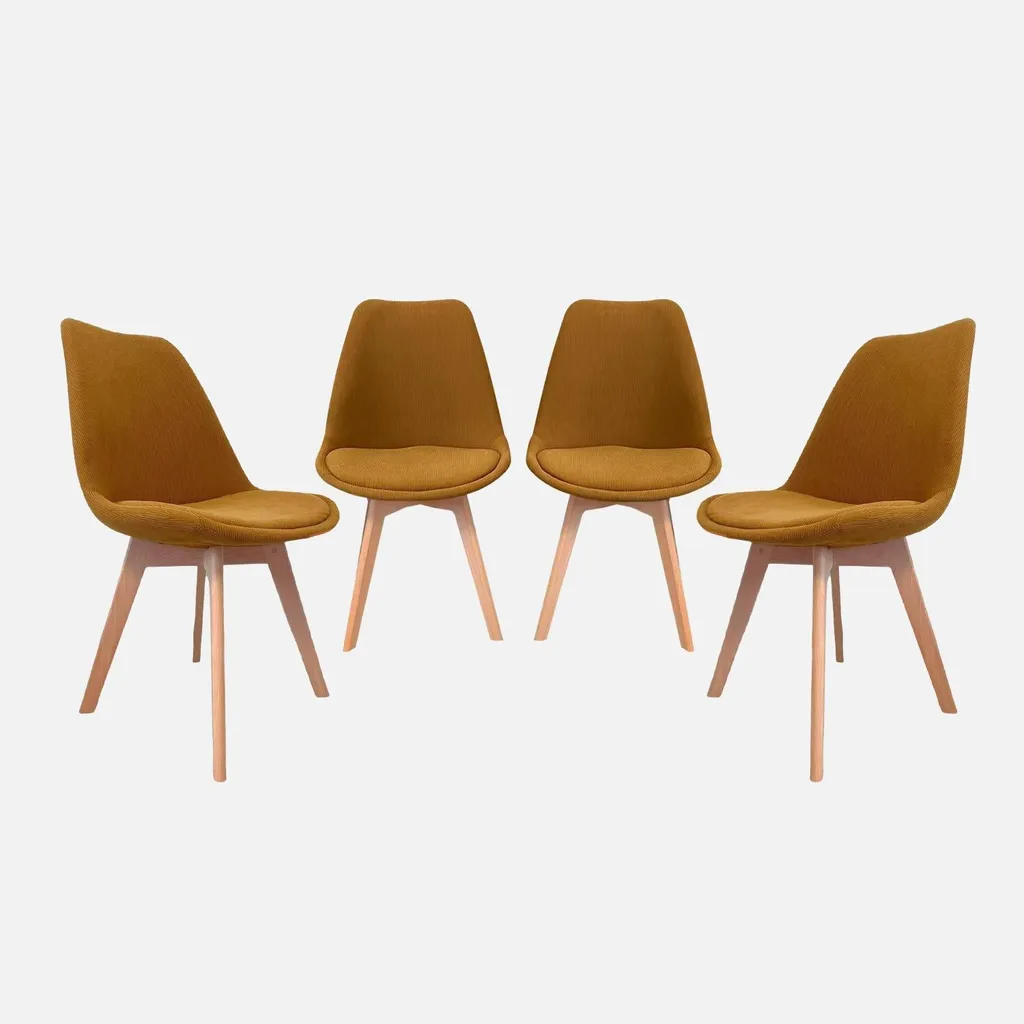 Set di 4 sedie scandinave in legno di faggio e velluto a coste , Ocra