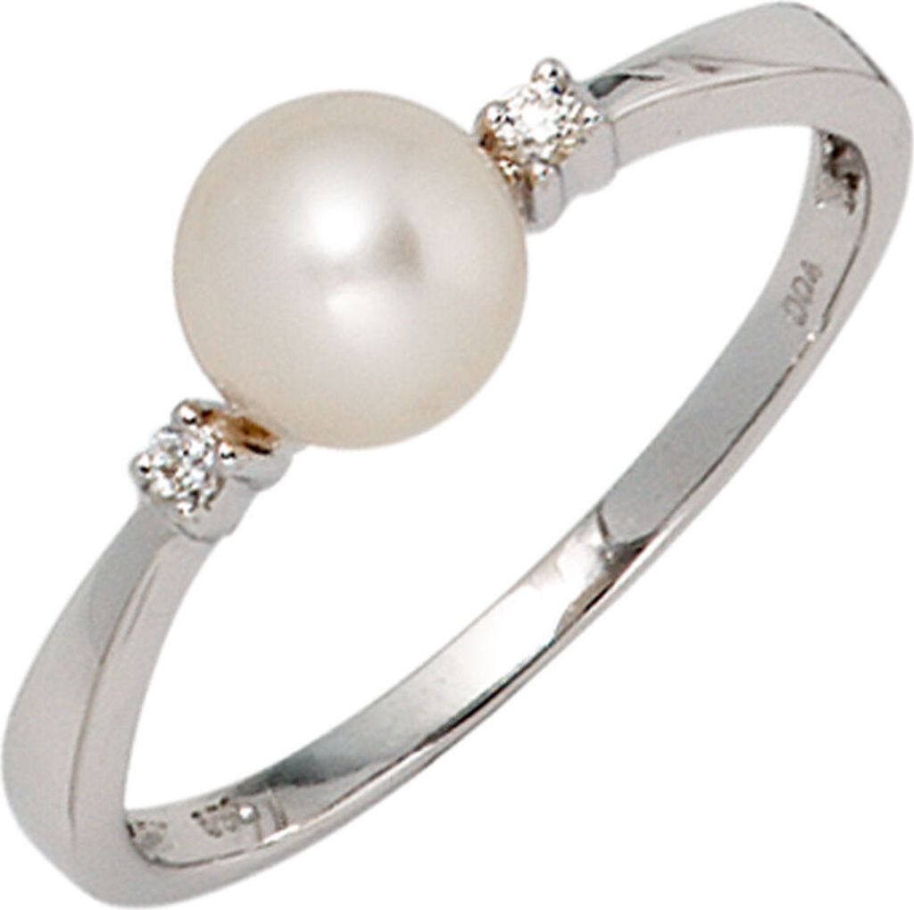 Damenring Ring Perle & Diamanten Brillanten 585 Gold Weißgold Damen Goldring Innenumfang 60mm Ø19.1mm