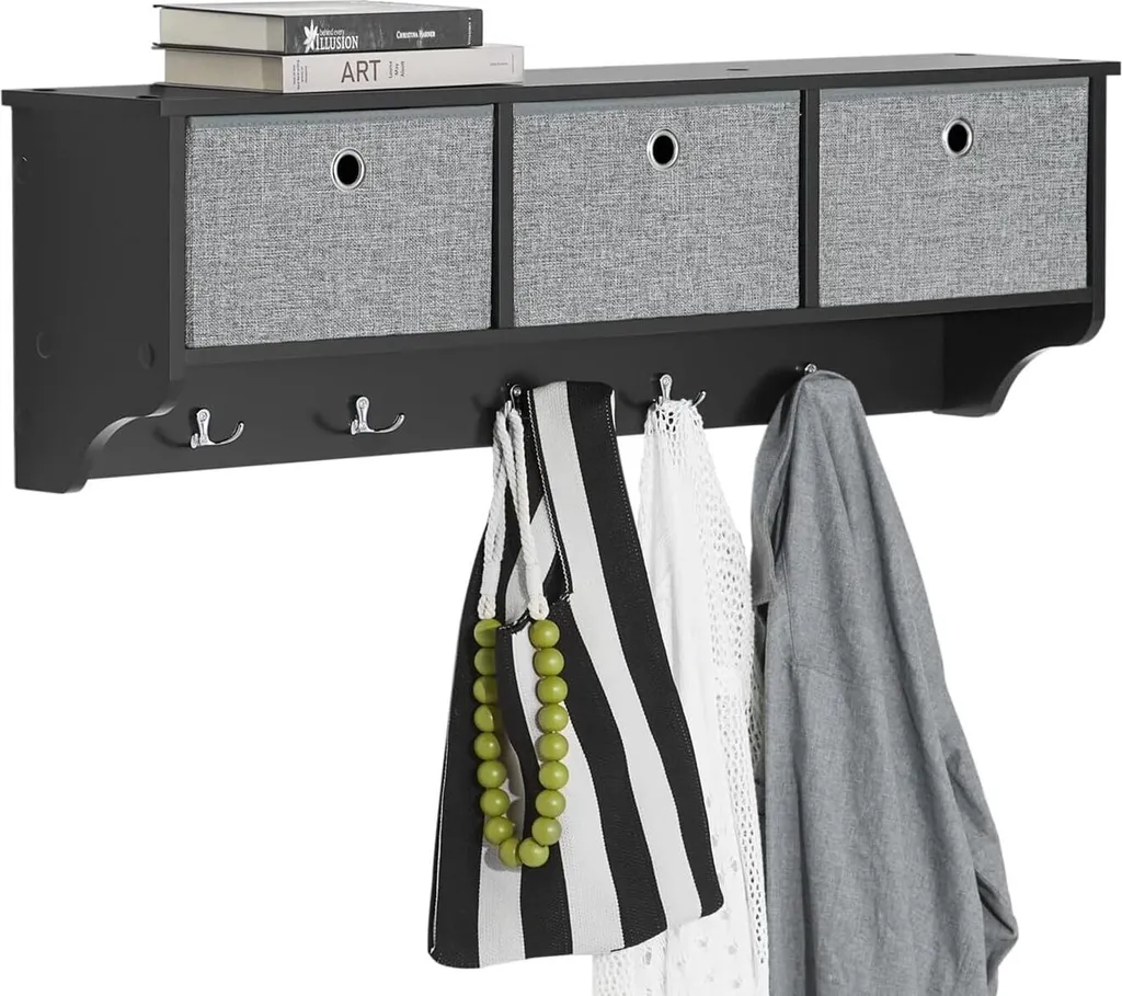 SoBuy Porte-manteau mural suspendu noir avec 5 crochets et 3 paniers