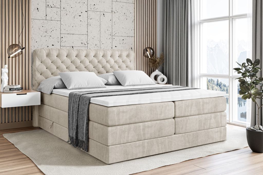 ALTDECOR Boxspringbett mit 2 Matratzen und Topper - 140x200 cm - BOXI8 KING - Creme Samt - Polsterbett mit, H3- und H4- Matratzen, Bettkasten und L...