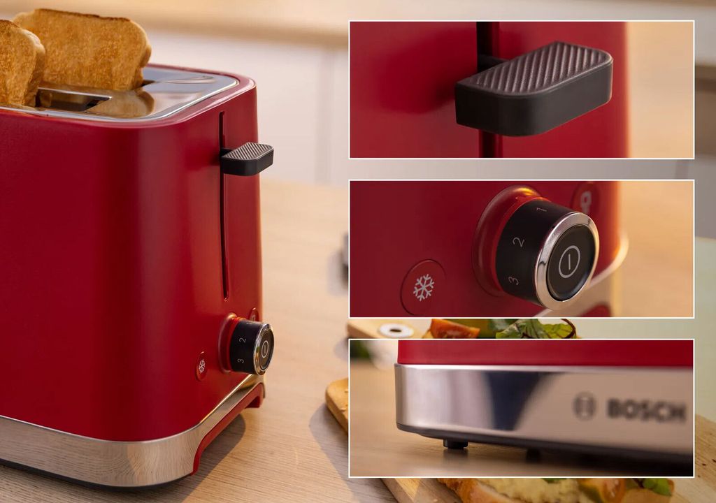 A collage of images showing a red Bosch toaster from different angles, highlighting its features and design.