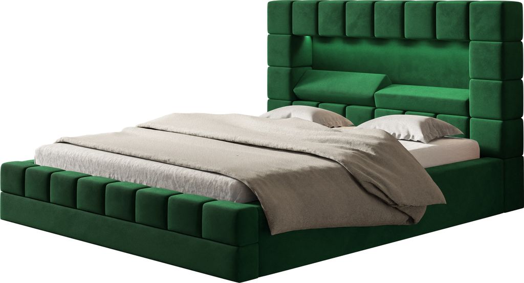Polsterbett HILTON 160 x 200 cm mit LED Beleuchtung, Doppelbett inkl. Bettkasten und Lattenrost, Farbe Grün
