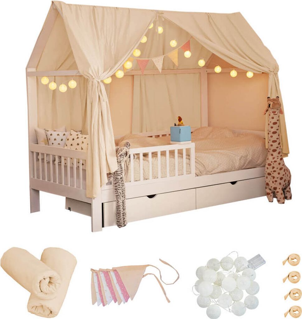 A child's bed with a canopy, decorated with string lights and bunting. Several decorative items are shown below the bed.