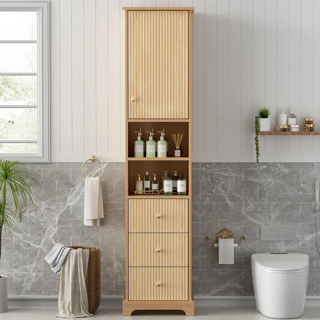 Armoire de salle de bain anti-bruit fermeture douce et aspect bois 172 cm