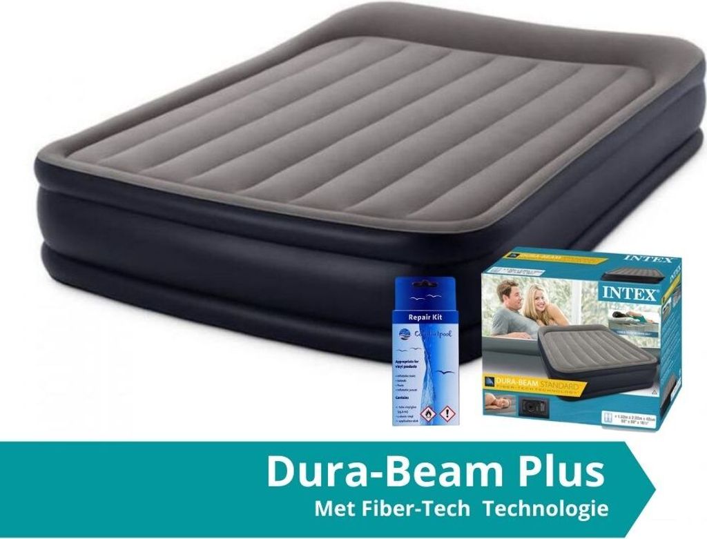 Intex Pillow Rest Deluxe - Luftmatratze - Doppelt - Mit Reparaturset und eingebaute Pumpe - 203x152x42 cm - PVC - Dunkelblau