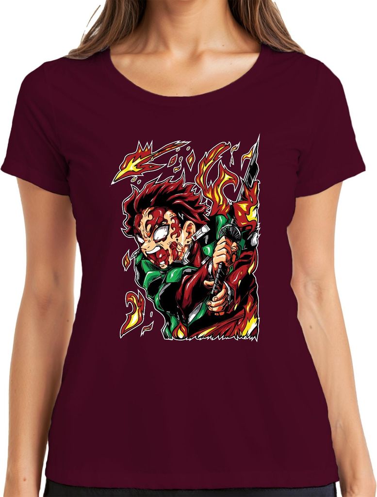 Dämonenjäger Samurai Katana Feuer Anime Geschenk Japan Y2K Streetwear Damen T-Shirt, Burgundy, XXL