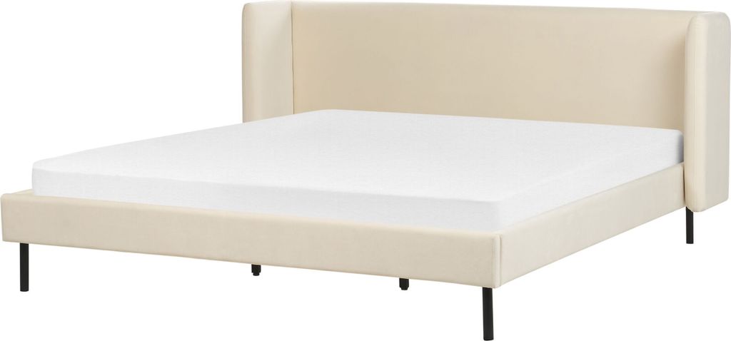 BELIANI Bett Beige Samtstoff mit Lattenrost 180 x 200 cm Schwarze Beine Hohes Ohrensessel-Kopfteil Retro Klassisch Bettrahmen Doppelbett Schlafzimmer