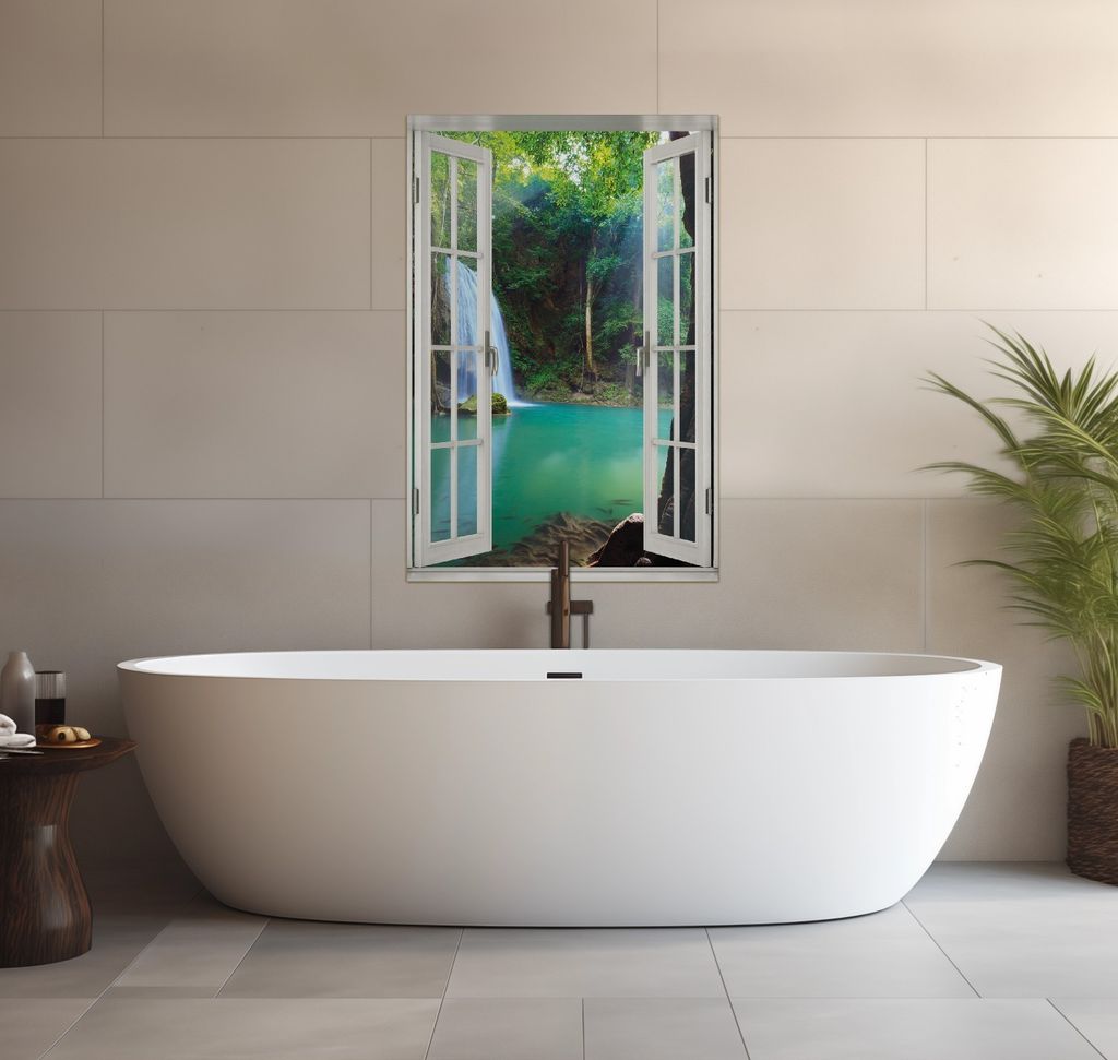 Wallario wasserfestes Poster selbstklebend 91,50 x 61 cm, Wasserfall im Wald am See Idylle in Thailand, Badezimmerposter Spritzschutz mit Hochglanz...