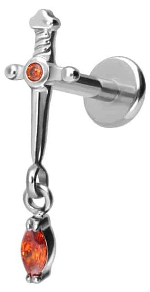 Ohrpiercing, Nasenpiercing Titan Labret mit Push Fit DOLCH + KRISTALLTROPFEN Silber Stablänge: 8mm | Stabstärke: 1,2mm