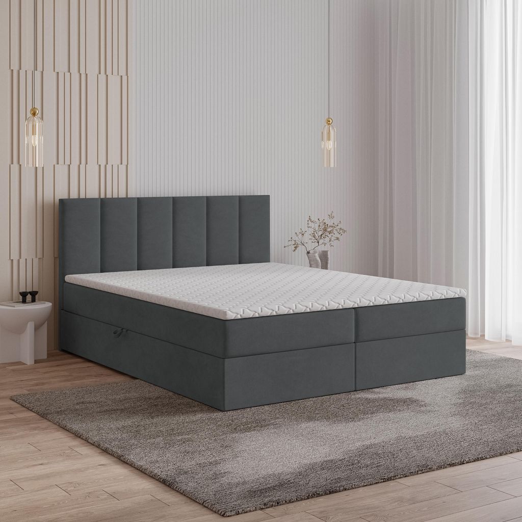 Masseno Boxspringbett MERIL 140x200 cm Komplett-Set mit Bonell Matratze und Topper, Polsterbett mit Bettkästen -Grau, SORO 97