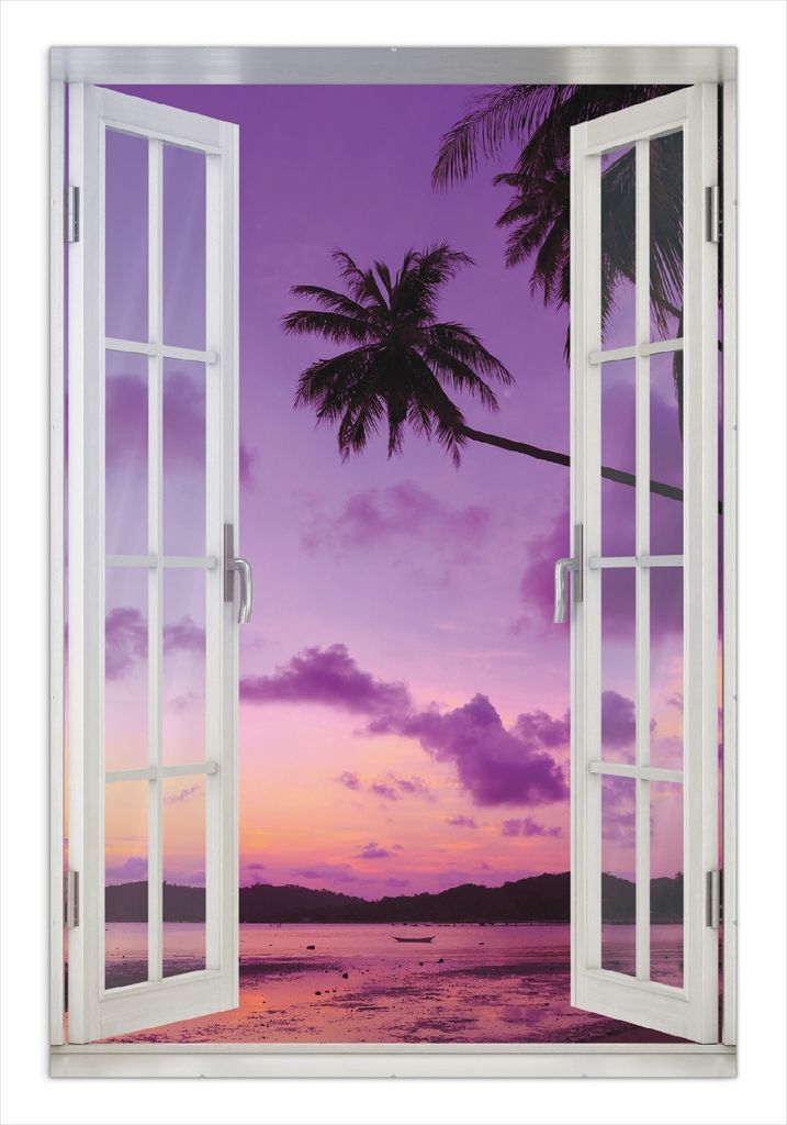 Wallario Wandbild mit Fenster-Illusion: Sonnenuntergang unter Palmen Himmel in lila und orange, Größe: 61 x 91,5 cm, Poster mit rahmenlosen Bild...