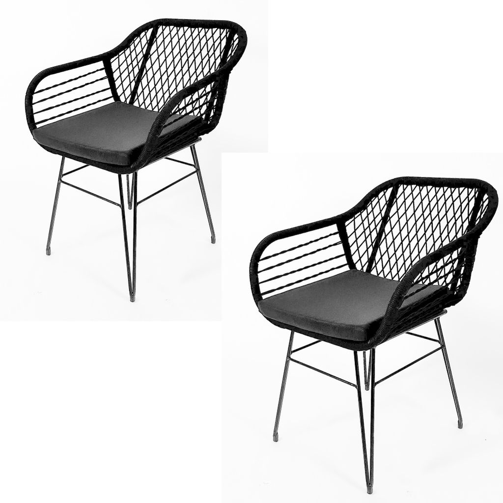 Kobolo Esszimmerstühle Stuhl 2er Set inkl. Kissen - Retro-Look-Black Schwarz Metall und Seil - Stühle Essstühle Küchenstühle Armlehnenstuhl Ba...